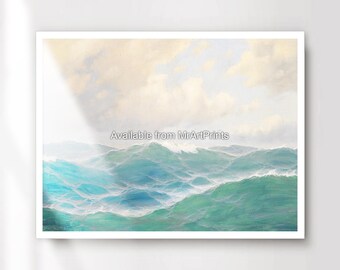 Blue Ocean Waves Painting Art Print, Seascape Wall Decor