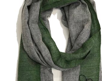 Handmade  Cashmere Scarf with Olive Green border-Grey inner / both  men and women
