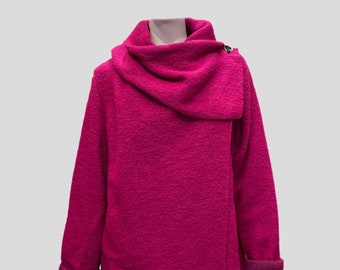 Winter dames gekookte vilten wolmix 2 zakken/ col/lagenlook/duster jas jas/coatigan jas - FUCHSIA ROZE