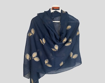 Handmade Navy Blue Cotton Scarf – Golden Leaves Print, Autumn Accessory