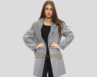 Winter Ladies Boiled wool mix 2 pockets long felt duster jacket coat- grey