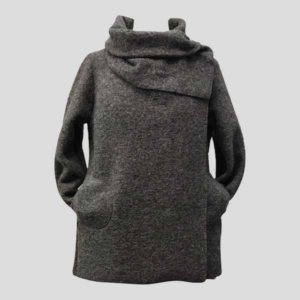 Mélange de laine feutrée bouillie d'hiver pour femmes 2 poches / col bénitier / lagenlook / manteau / veste coatigan - Anthracite