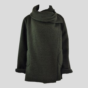 Winter gekochte gefilzte Wollmischung 2 Taschen/ gewalkter Kragen / Lagenlook/ Duster Jacke Mantel - KHAKI GRÜN