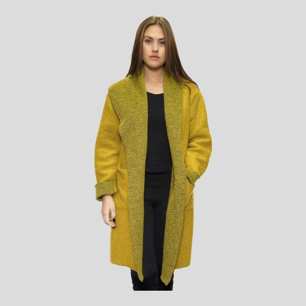 Winter Ladies Boiled wool mix 2 pockets long felt duster jacket coat-Mustard