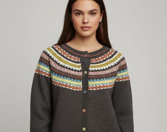Mountain Trail Fair Isle Cardigan- Soft Vegan Button-Up Sweater
