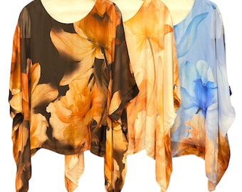 Floral Sheer Blouse Lightweight Chiffon Top/Boho Loose Fit Batwing Shirt/ Elegant Flowing Tunic