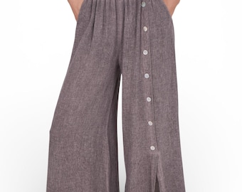 Linen Wide Leg Pants – Elastic Waist Palazzo Trousers with Side Buttons