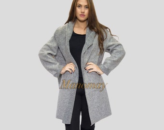 Winter Ladies Boiled wool mix 2 pockets long felt duster jacket coat-