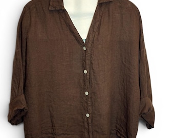 Linen Button Front Blouse/Oversized Lightweight/Relaxed Boho Top/Casual layering Piece