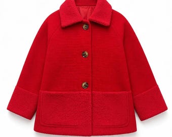 Wool Blend Jacket, Women's Teddy Collar Coat, 80% Wool Winter Jacket, Button Front Short Coat, Stylish Autumn Outerwear