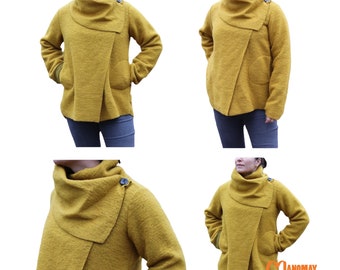 Mélange de laine feutrée bouillie pour femmes d'hiver 2 poches/ col bénitier/lagenlook/manteau/veste coatigan - JAUNE MOUTARDE