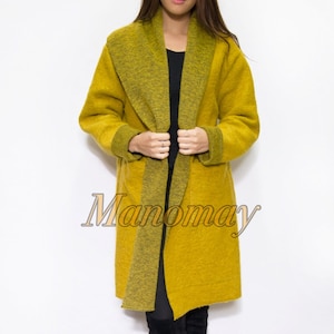 Winter Ladies Boiled wool mix 2 pockets long felt duster jacket coat-Mustard