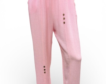 Linen women Elastic waist  Summer Trousers,Relaxed Fit Boho Pants with Side Buttons