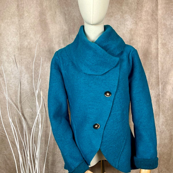 Winter Ladies Boiled felted wool mix Button /cowl neck/lagenlook/duster jacket coat/coatigan jacket teal colour