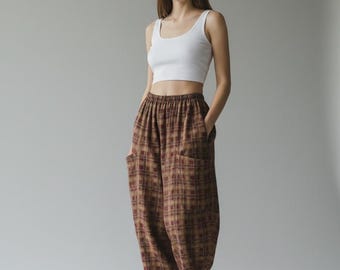 Relaxed check barrel needle corduroy Trouser  With Roomy Side Pocket ,Elastic waist causal pants