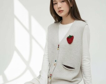 Vegan Knit Vest with Strawberry Patch • Kawaii Sweater  • One Size • Colorful Button Vest