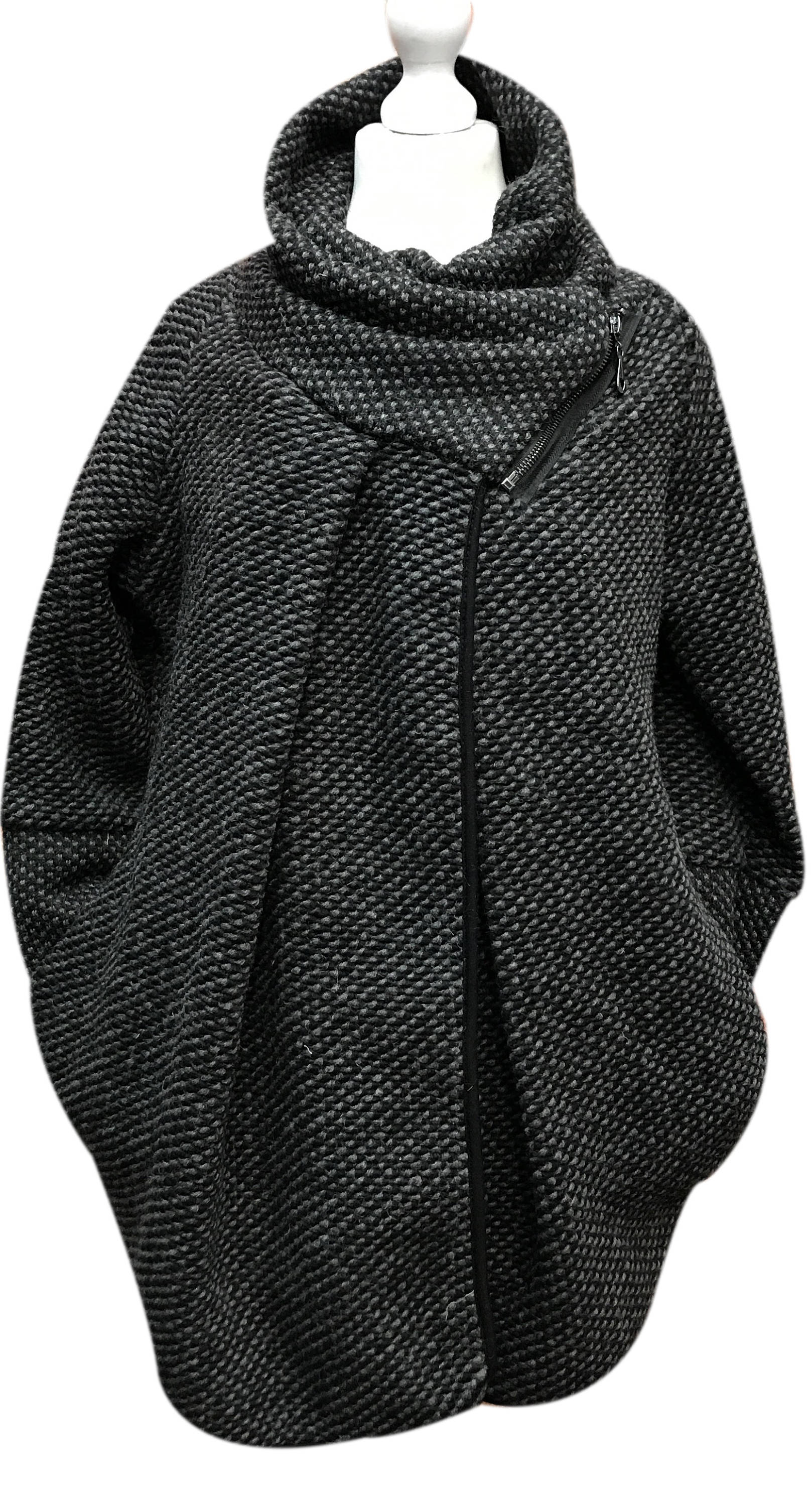 Image of Black/ Charcoal Dark Colour/Wool Mix Cocoon Lagenlook Coatigan Jacket/ Zip Jumper