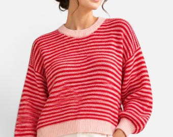 Striped Knit Sweater, Soft Crew Neck Jumper, Relaxed Fit Long Sleeve Pullover, Cute Casual Winter Top