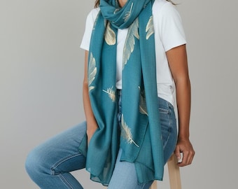 Golden feather Hand Embroidered Cotton  elegant Scarf. lightweight and comfortable