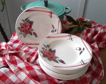 6 Bowls Roses Gingham Tartan Check Collectible Digoin Tableware Faience Red Green French Vintage La Rose
