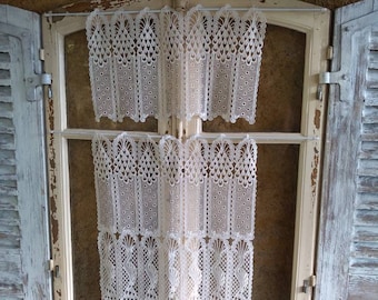 A Pair of Small Vintage French Filet Lace Style Net Curtains