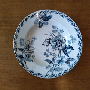 Antique Terre de Fer Plate Bowl Blue White French vintage