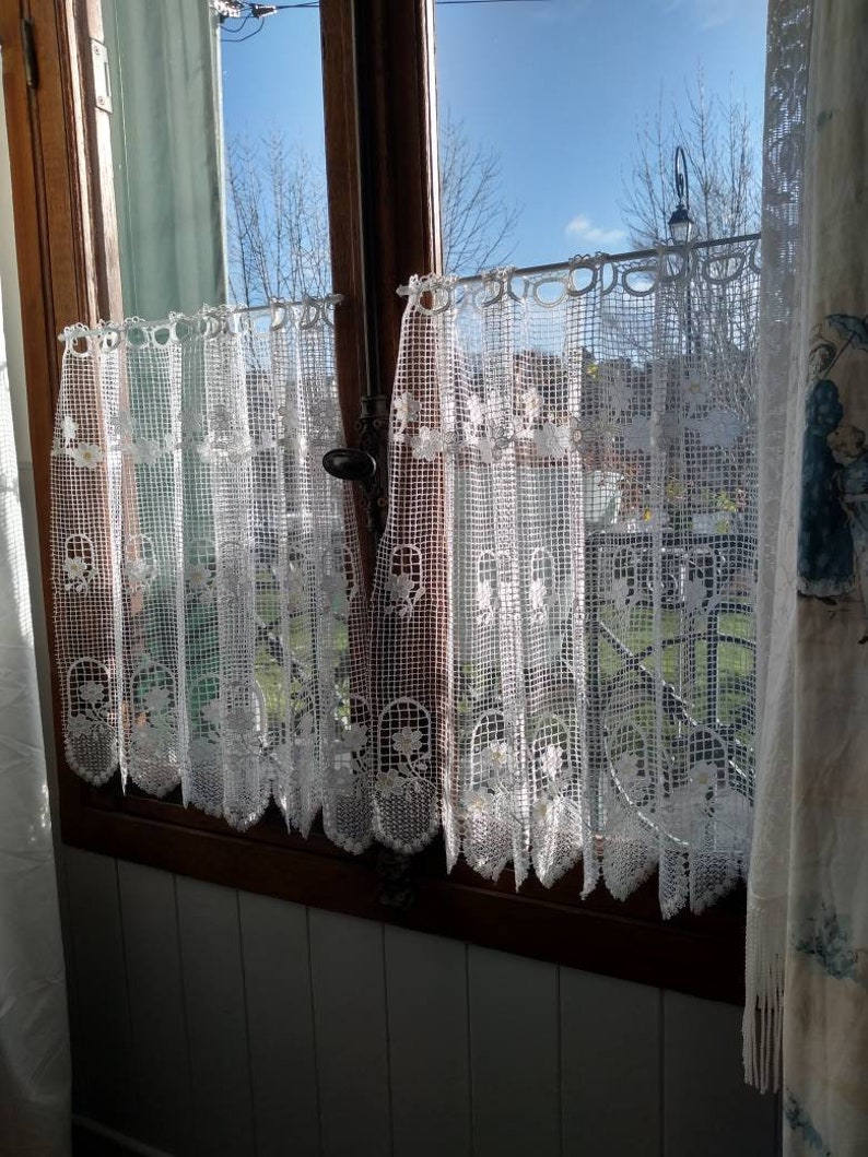Pair Lace Cafe Curtain Panels French Vintage Daisy Floral Faux Etsy