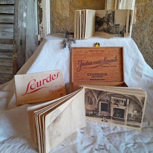 56 cartes postales françaises 3 livres Pyrénées Lourdes Pau vintage antique vers 1920 boîte à cigares rétro
