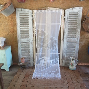 7 Ft Long Lace Net Curtain Panel French Vintage Park Bench Birds Fringing