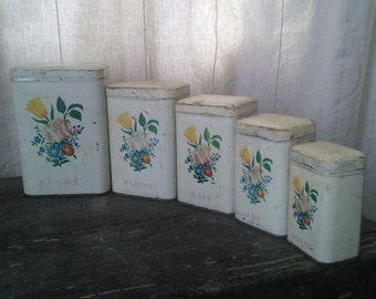 French Tin Kitchen Canisters Vintage Retro Old Tins 1950s