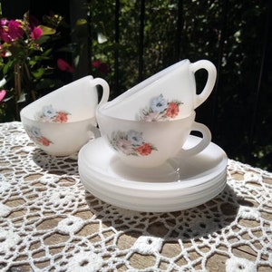 Milk Glass 4 Petunia tea coffee cups and saucers set 1960s