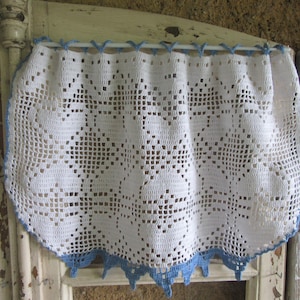 Hearts Curtain Pelmet Valance Handmade Crochet French Vintage Blue White