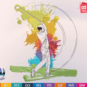 Golfborduurontwerp, speler, 5 maten en 10 formaten, machine, bal, mannelijke atleet, terrein, vlag, Masters Tournament, clubs, kar
