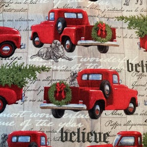 Christmas Old Red Truck Fabric, Cotton Fabric, Quilting Fabric, 100% cotton, 71” x44”