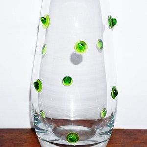 Unique Vintage Art Glass Vase~Glass Emerald Green Droplet Design on Heavy Thick Clear Blown Glass~11&quot;Tall Glass Vase Beautiful Decorative Pc