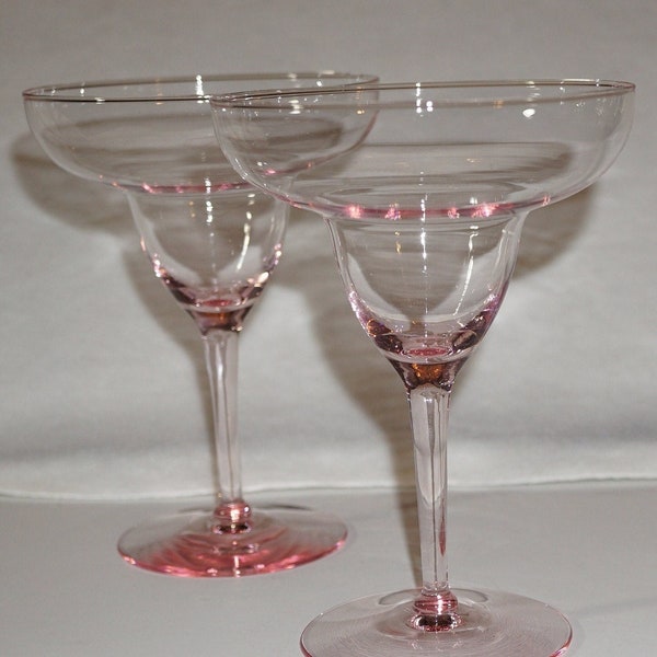 Pink Glass Margarita Glass Set, Tall Clear Pink Glass, Fine Barware, Gift, Drinkware, Champagne Glasses, Stemware, Pink Cocktail Glasses