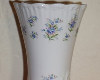 Vintage Rosina Bone China Vase: White with Blue Flowers, Made in England