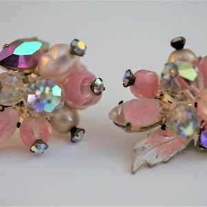 Crystal Vintage Clip Earrings Shades of Pink Crystal Pearl Aurora Borealis, West Germany Fine Craftsmanship, Vintage Earrings