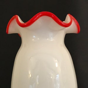 Blown Art Glass Vase, White Base Red Top Trim Glass Vase, 9 Inch Hand Blown Vintage Art Glass Vase, SoniaCollectibles Giftware