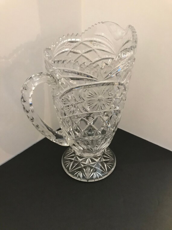 Gorgeous Vintage Cut Crystal Glass Pedestal Pitcher Heavy 4 Lb Clear Water Juice