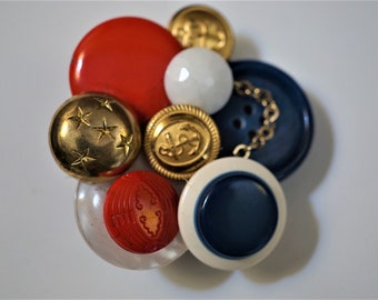 Handmade Vintage Brooch, Red White Blue Gold Pin, Vintage Button and Jewelry Brooch One of a Kind Vintage Button Jewelry Pin Giftware