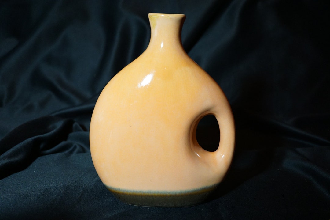 Vintage Ceramic Glazed Pottery Vase, Pink Peach Brown, 9 in Tall, 7 1/4