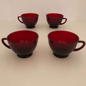 Four Vintage Ruby Red Glass Cups, Ruby Red Glass Drinkware, Vintage Tea Cups, Vintage Punch Cups,  Ruby Glass, SoniaCollectibles Glass