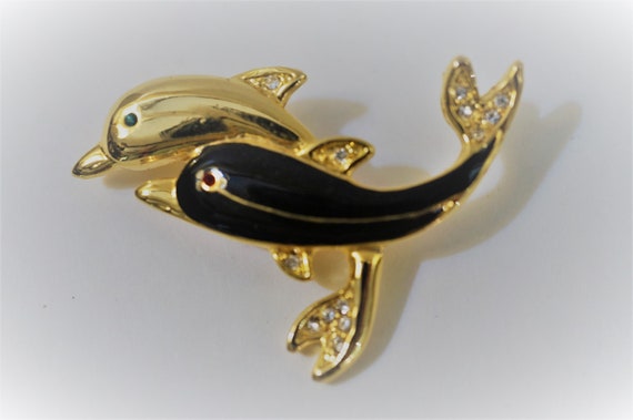 Vintage Dolphin Pin, Gold and Black Rhinestone Tr… - image 4