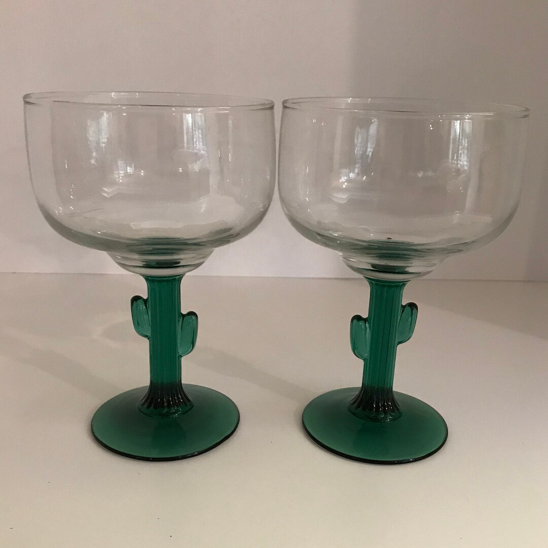 Large Vintage Cacti Design Margarita Glasses, Two Margarita Glasses