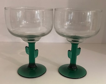 Vintage Cacti Margarita Glasses - Green Stem Barware Set of 2