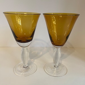 Hand Blown Wine Glasses: Golden Amber Crystal Stem Barware