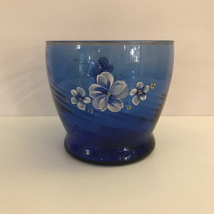 Cobalt Blue Glass Bowl, Hand Made Bowl, Art Glass Bowl,Blue Blown Glass,Hand Painted Flowers,Blue Bowl,Swirl Blue Glass Bowl, Swirl Design
