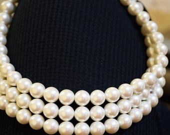 Triple Strand Faux Pearl Necklace: Ladies White Pearl Statement Piece, 18 in. Necklace