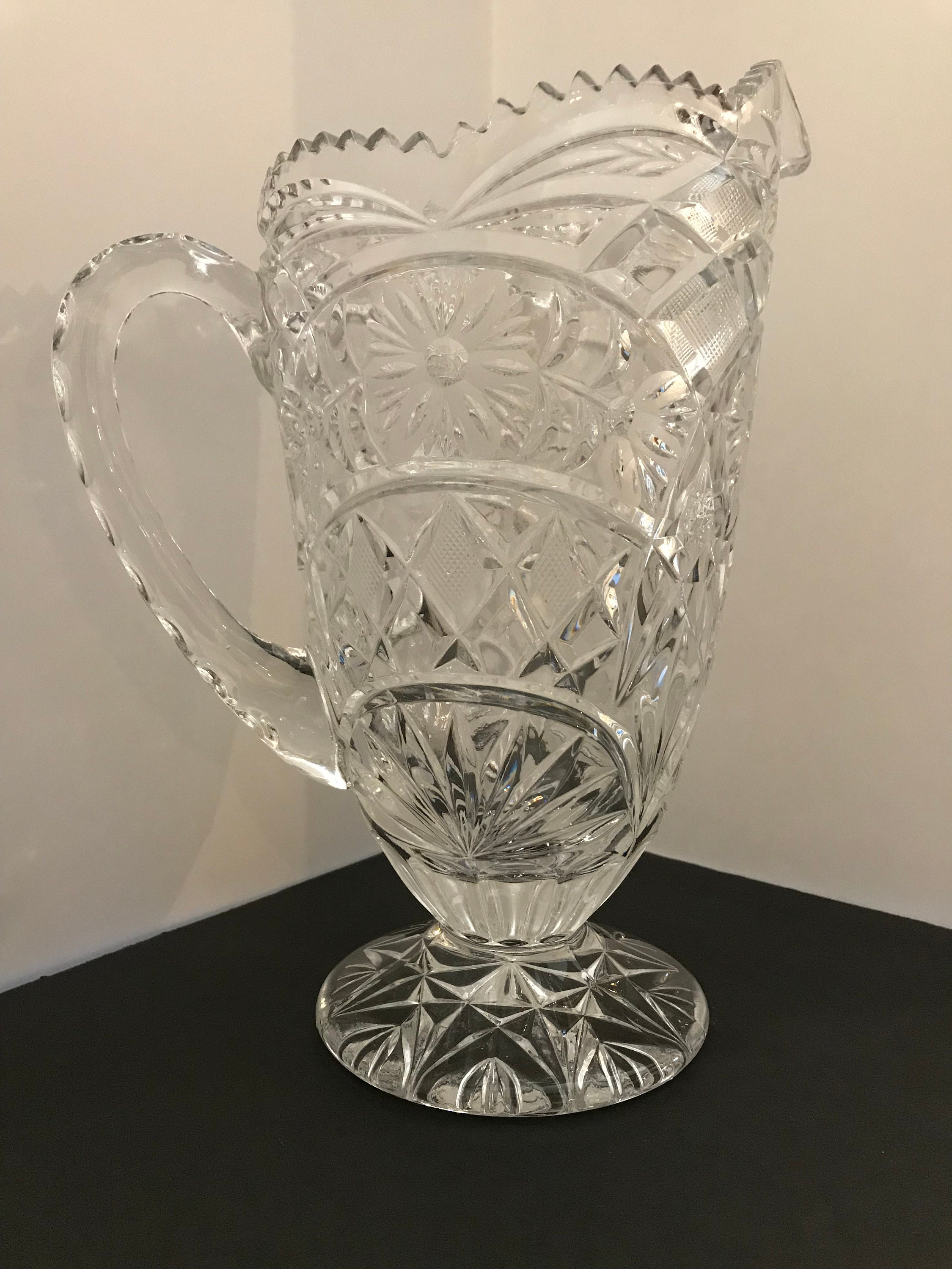 Vintage Small Crystal Clear Etched Glass Pitcher 5 Tall